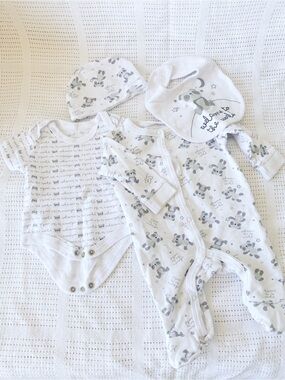 Panda Print Baby Onesie, Sleeper, Hat & Bib Set - Gender Neutral 100% Cotton